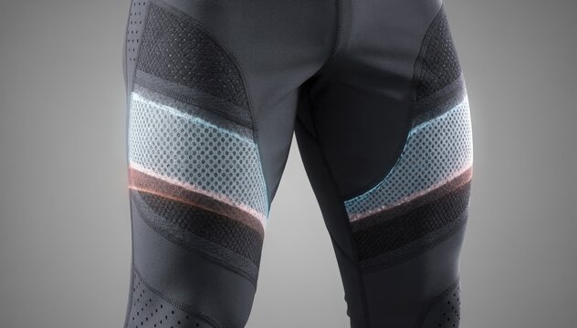 Medium shot focused on mesh zones integrated into smartfabric pants demonstrating enhanced breathability and thermoregulation in modern apparel.