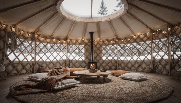 Intimate yurt space with circular skylight and rustic decor soft focus on snowy landscape beyond the canvas walls creating a serene winter vibe.