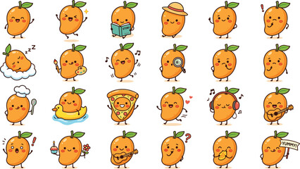 Obraz premium Cute Kawaii Mango Character Emoji Sticker Set Featuring Cooking, Reading, Dancing, Sleeping, and Music Expressions for Social Media and Messaging Illustrations