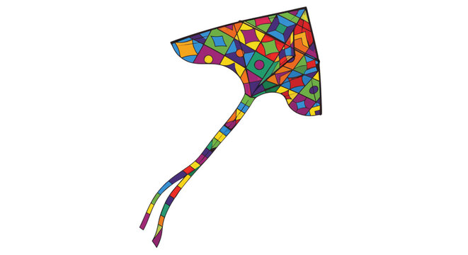 Colorful geometric pattern kite with ribbon tail flying against a white background