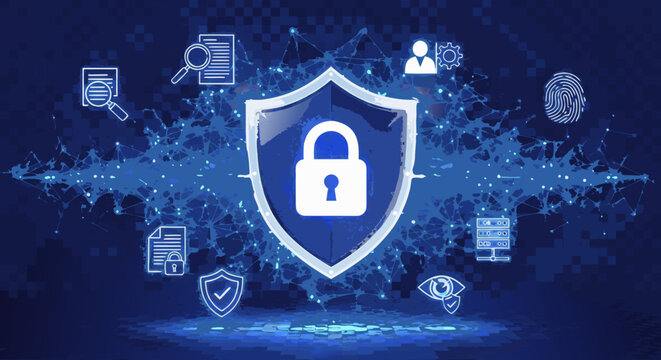 Digital security shield with network connections and icons representing data protection and privacy
