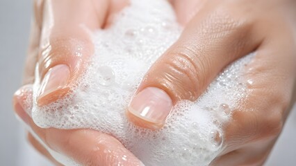 Fototapeta premium Close Up of Female Hands Washing with White Soap Foam Bubbles for Personal Hygiene