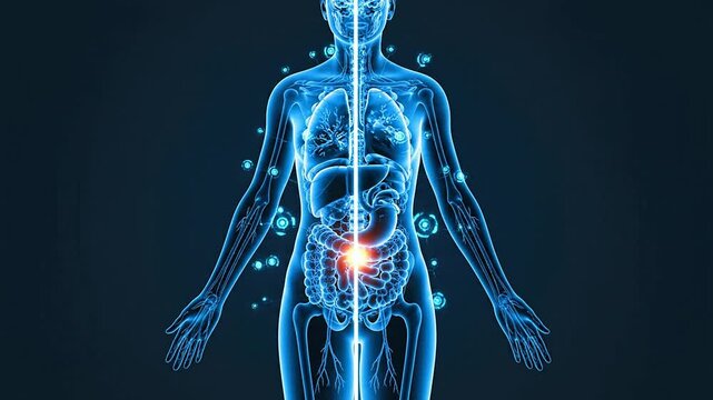 3D Illustration of Human Body Anatomy Showcasing Glowing Organs and Systems for Medical Health Visualization on Dark Background