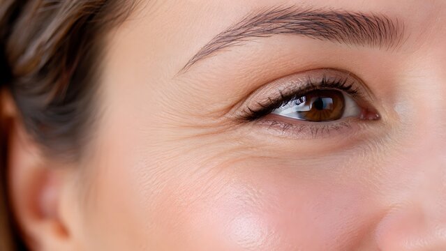Close up of woman eye showing wrinkles and crows feet lines anti aging skincare treatment