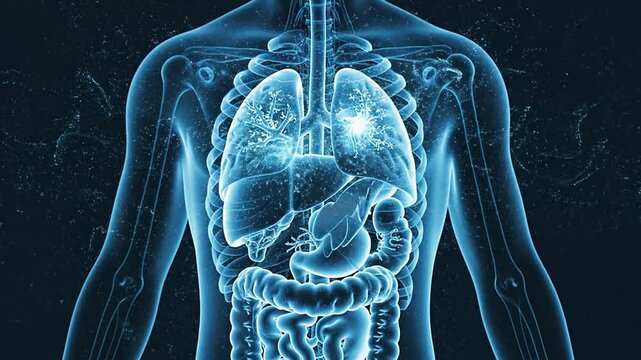 3D Illustration Of Human Anatomy Featuring Lungs And Internal Organs In Blue Glow With Dark Background For Medical And Health Visualization