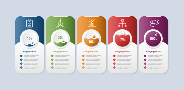 Process table box base shape infographic with glossy gradient style with vertical round with circle liquid percentage inside with five segment information