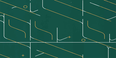 A strategy board vector illustration of a green soccer football field pitch drawn on a chalkboard with lines for sports game play © AbidurRahman