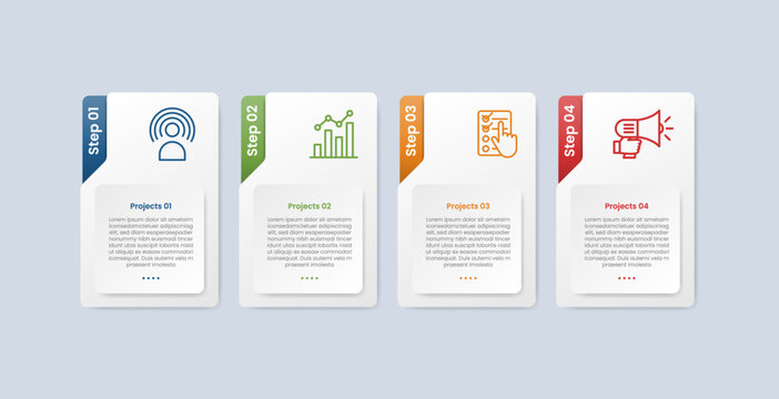 Process table box base shape infographic with glossy gradient style with folder shape with vertical badge on top side with four segment information