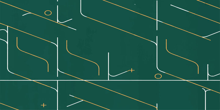 A strategy board vector illustration of a green soccer football field pitch drawn on a chalkboard with lines for sports game play