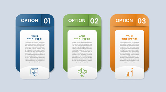 Process table box base shape infographic with glossy gradient style with double layer box with bold header badge on top with three segment information