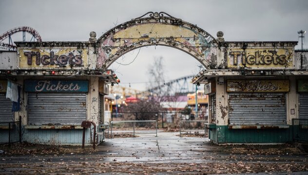 Medium shot capturing offseason park entrance with empty ticket booths and faded signage main archway details in sharp focus against blurred surroundings.