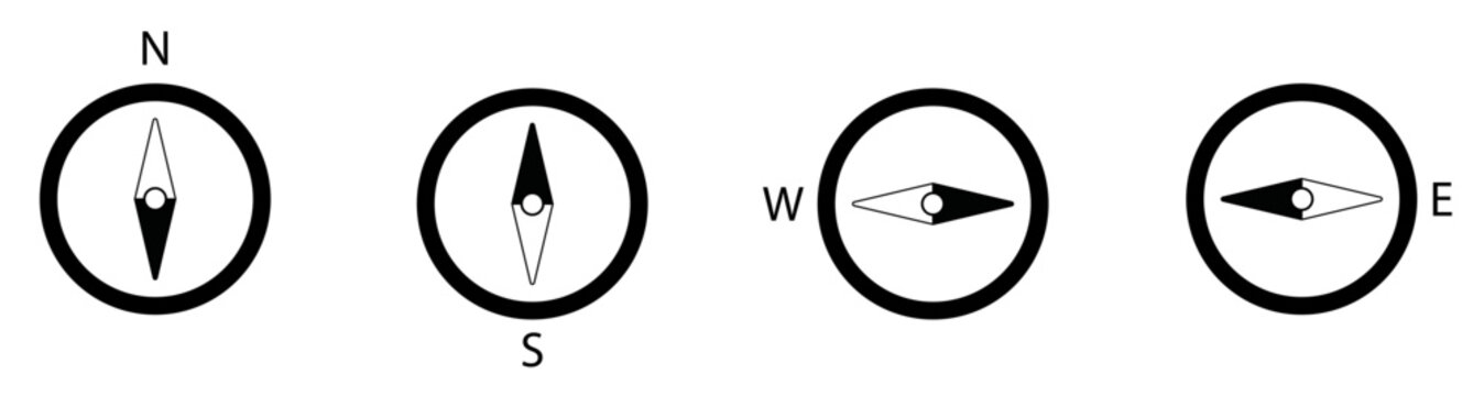 Conjunto de Icono de flecha de br&uacute;jula con direcci&oacute;n norte, sur, oeste, este. Ilustraci&oacute;n en blanco y negro. Vector para sitio web, folleto, app y otros.