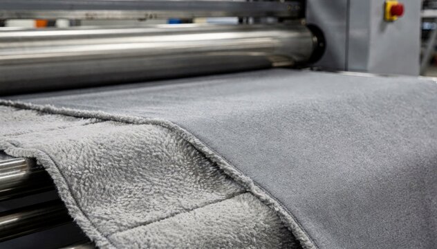 Detailed medium shot capturing textured softshell fabric merging with cozy fleece in industrial laminating process for highperformance outerwear.
