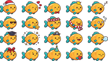 Fototapeta premium Cute Kawaii Fish Character Emoji Sticker Set Featuring Christmas, Graduation, Pirate, Crown, and Party Expressions for Social Media and Messaging Illustrations