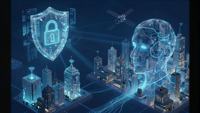 Cybersecurity shield guards smart city with AI satellite and