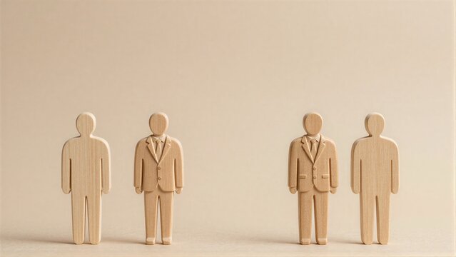 Wooden figures depict leadership with one dressed in suit standing