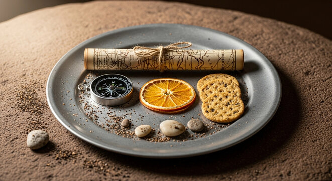 Close-up, surreal still life ancient scroll, compass, dried orange slice, crackers, and smooth pebbles on a plate against a sandy, earthy backdrop, evoking exploration and sustenance.