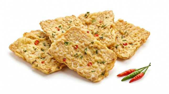 Traditional tempe mendoan isolated on white background with golden battered texture, ideal for snack packaging, restaurant menus, recipe blogs, and Indonesian food promotion.