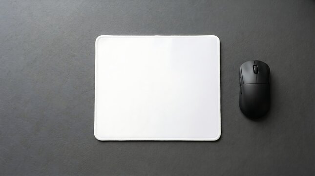 Top view of blank white mousepad mockup and black computer mouse
