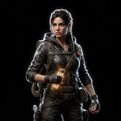 Fototapeta premium Female adventurer holding glowing ancient scroll and compass on black background, cinematic portrait, brave explorer in tactical gear, treasure hunter, mystery, fantasy character.