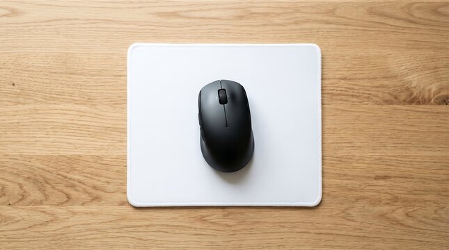 Black computer mouse on white mousepad over wooden desk mockup