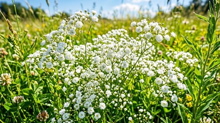 Fototapeta premium White baby's breath flowers blooming in a vibrant summer meadow under a bright blue sky, delicate Gypsophila wildflowers, natural floral landscape, serene garden background.