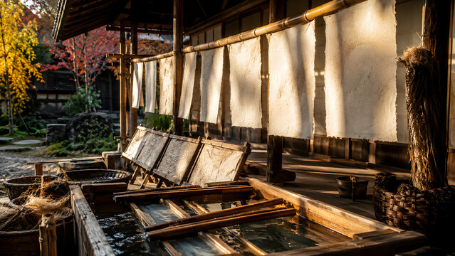 Japanese Washi Papermaking Workshop Drying Sunlight Wooden Frame Water Vat Kominka Autumn