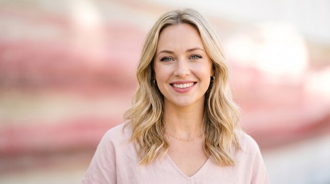 Confident blonde woman smiling warmly in light pink linen top, professional headshot portrait, approachable female entrepreneur, natural beauty, wellness, lifestyle, outdoor bokeh.