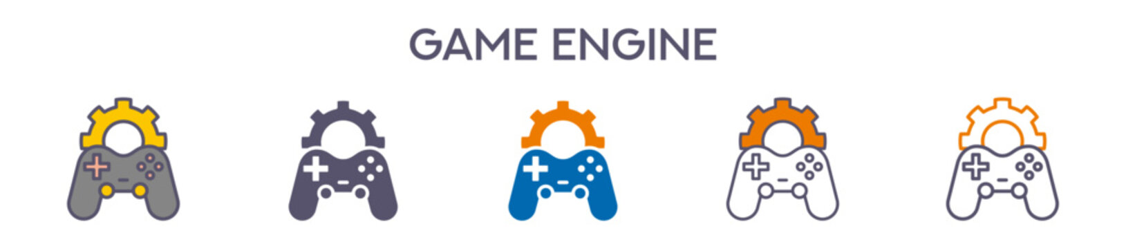 Game Engine Element For Design Graphic - Multi Styles. Vector Illustration Of Two Colored And Black. Multiple Icons Designs Can Be Used For Mobile, Ui, Web 