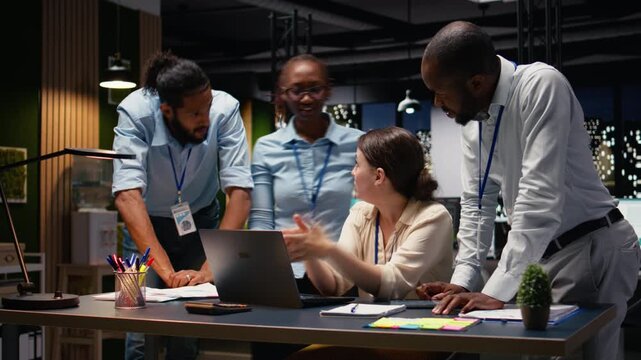 Time lapse of manager solving tasks and discussing with the team, sharing business intel to help finish assignment for action plan. Multiethnic people ensure profitability and goals completion.