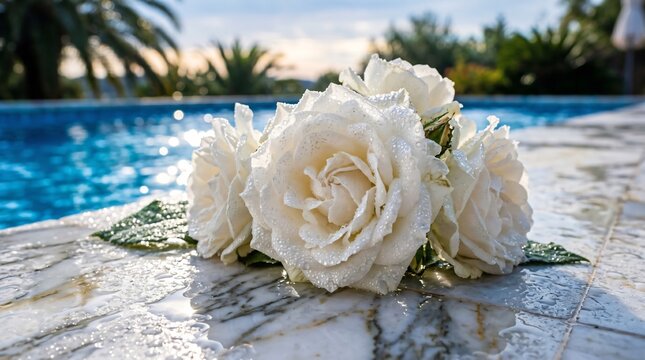 White roses with water droplets on marble poolside edge. Luxury summer vacation, romantic spa wellness background, fresh floral arrangement by bright blue swimming pool water.