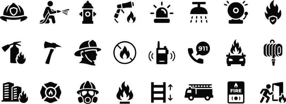 Black fire safety icons set emergency services vector illustration