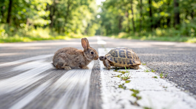 Emotional animal concept with rabbit and tortoise facing off on symbolic split road in nature