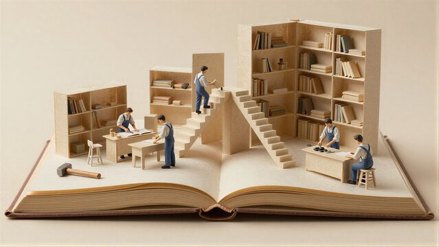 Mini workers build bookshelf world within open illustrated storybook