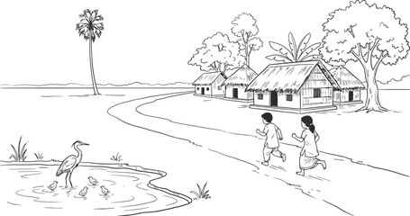 Obraz premium Rural village life sketch set. Hand drawn outline illustration of children playing, farming, and simple countryside living scenes.