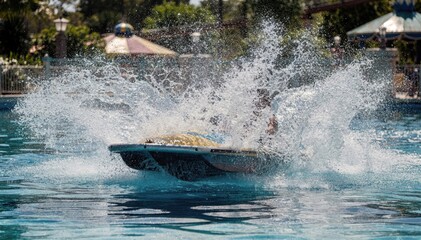 Fototapeta premium Close medium shot capturing the dynamic splash as an empty water ride boat hits the pool water spray sharply detailed.