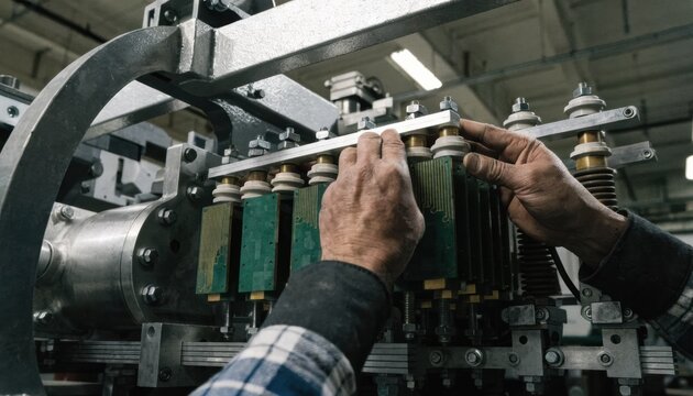 Industrial power module assembly in progress showing hands carefully aligning busbars and substrates with heavyduty machinery in a factory setting.