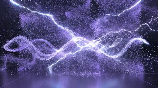 Dynamic purple particle waves with lightning energy and 3d motion in futuristic grid space