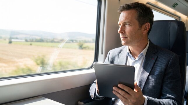 Businessman working on a digital tablet while commuting by train