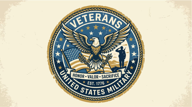 Vintage United States military veteran emblem with american eagle and soldier silhouette for honor valor sacrifice memorial day design