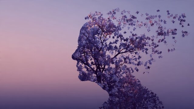 Purple trees and puzzle silhouette symbolizing Alzheimer&rsquo;s memory loss and cognitive decline