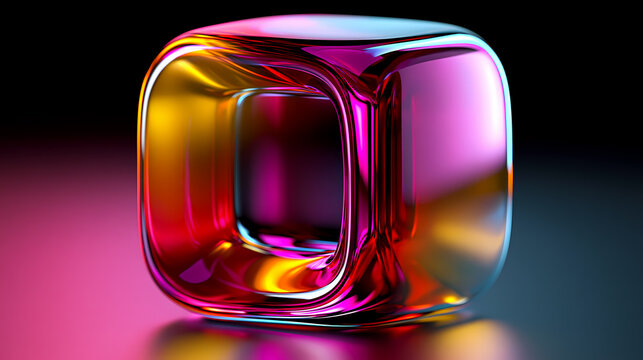 Abstract colorful transparent glass cube with rounded edges, reflecting light on a gradient background. The object displays vivid pink, yellow, and blue hues.