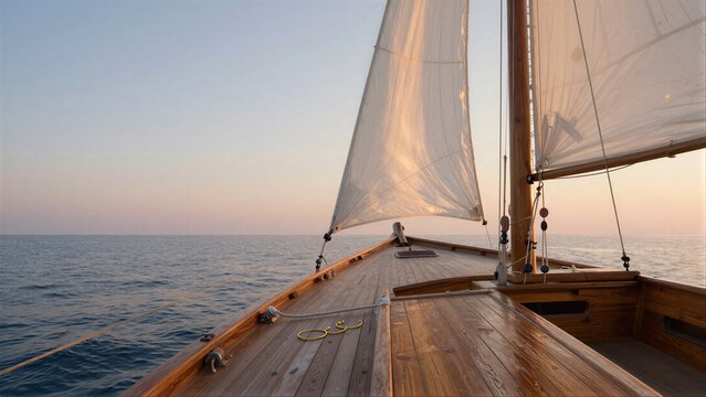 Sailboat glides calm seas at dawn sails billow softly against serene