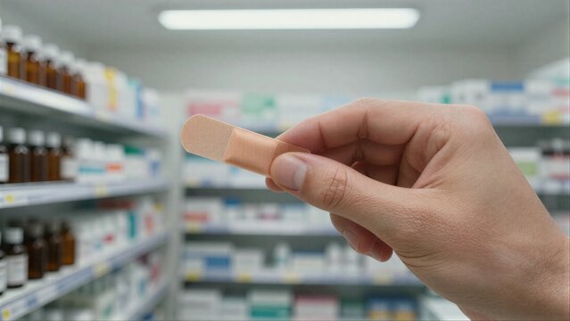 Hand holds bandage in pharmacy shelves of meds blurred in background.