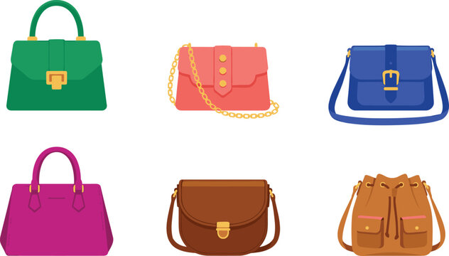 Flat Style Colorful Women's Handbag and Purse Set Featuring Tote, Clutch, Crossbody, and Bucket Bag Designs for Fashion and Shopping Illustrations