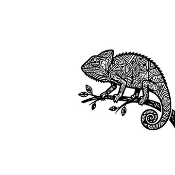 Zentangle style artistic illustration of a chameleon perched on a tree branch.