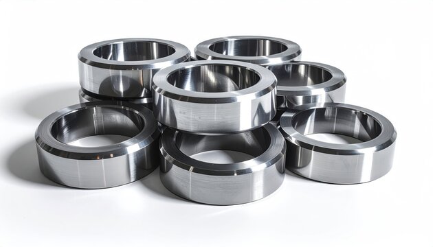 Metallic, cylindrical, beveled-edge components arranged in a cluster