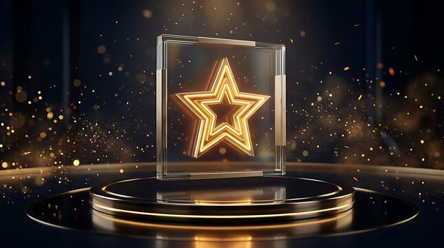 Piala Penghargaan Bintang Emas Berkilauan di Panggung Megah dengan Efek Cahaya dan Partikel Emas, Simbol Prestasi dan Kesuksesan