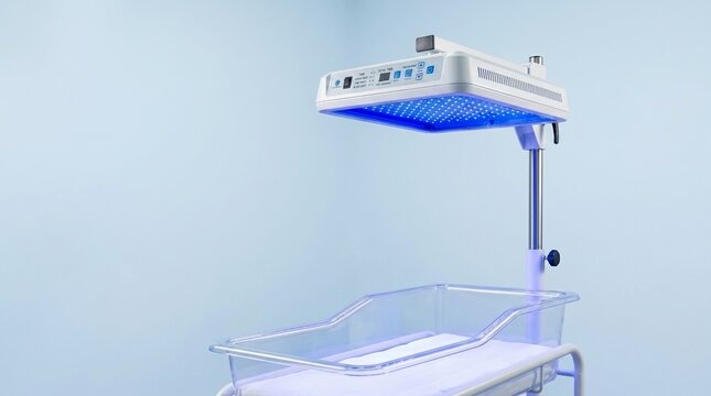 Medical infant phototherapy light above empty bassinet in clinic  