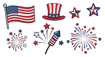 Obraz premium Cartoon illustration of American Independence Day elements with USA flag, patriotic hat, stars, and red blue white fireworks decoration.